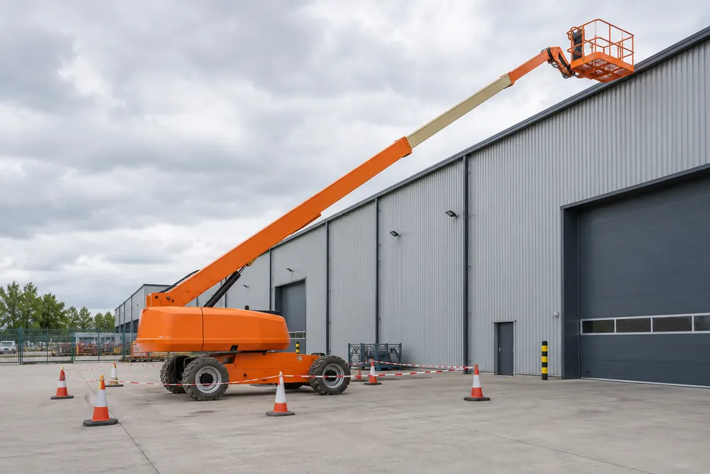Telescopic boom lift positioned beside a commercial warehouse