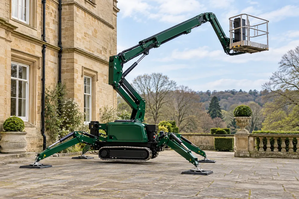 Tracked spider lift with stabilisers extended in a sandstone courtyard