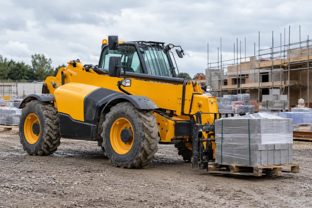 Telehandler moving a low pallet of building materials on a construction site